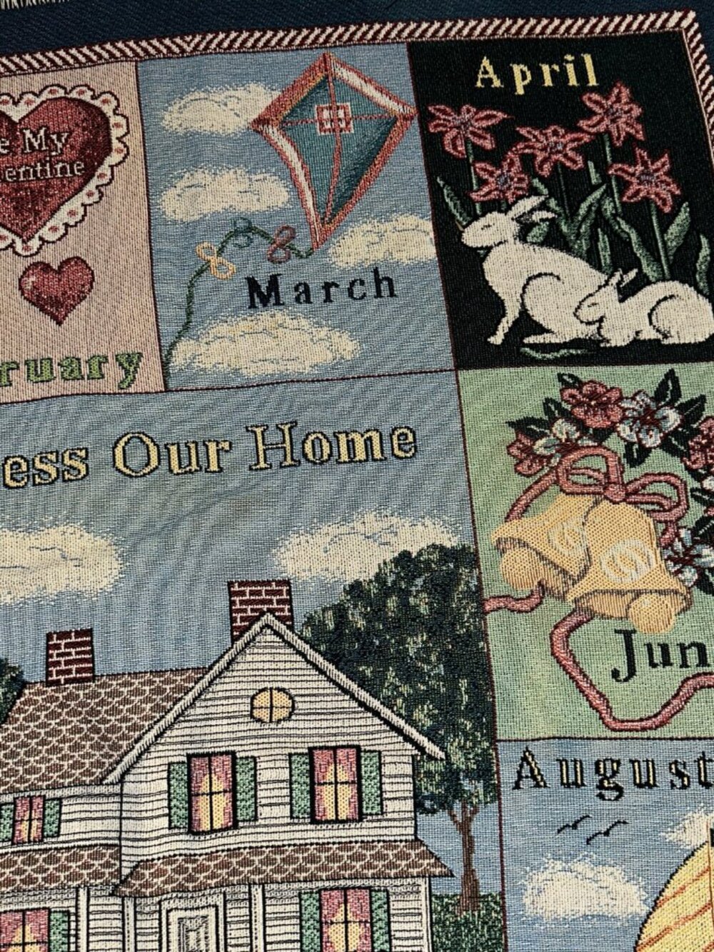 VTG Bless Our Home Calendar Months Tapestry Throw Blanket 51x60" seasons woven - Picture 3 of 7